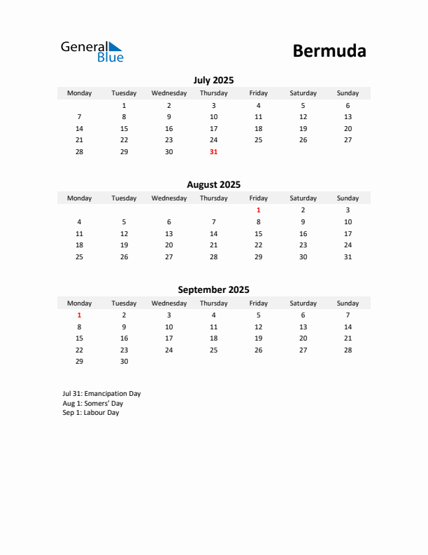 Printable Quarterly Calendar with Notes and Bermuda Holidays- Q3 of 2025