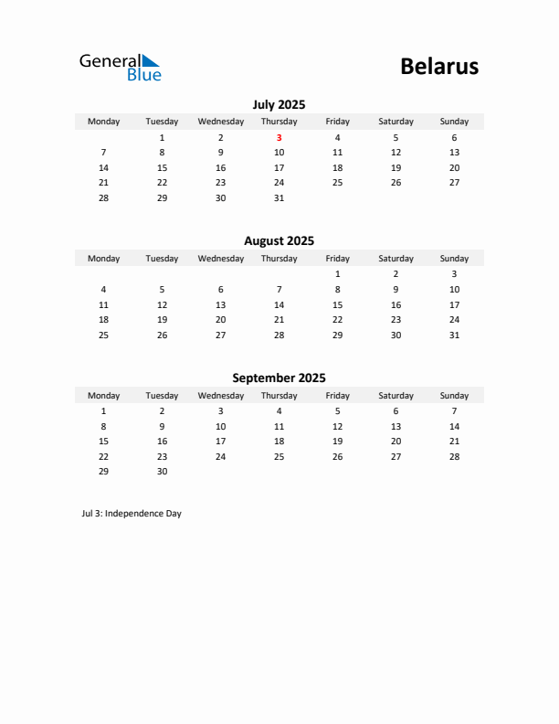 Printable Quarterly Calendar with Notes and Belarus Holidays- Q3 of 2025