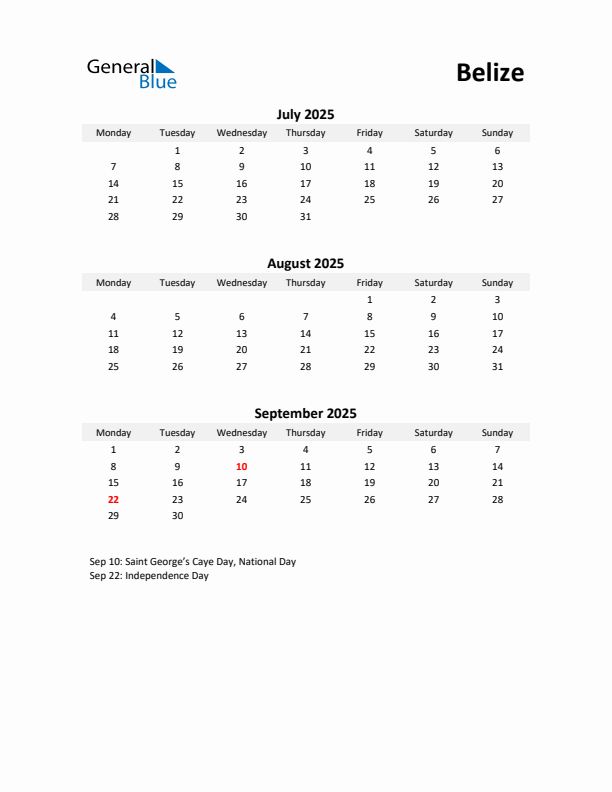 Printable Quarterly Calendar with Notes and Belize Holidays- Q3 of 2025