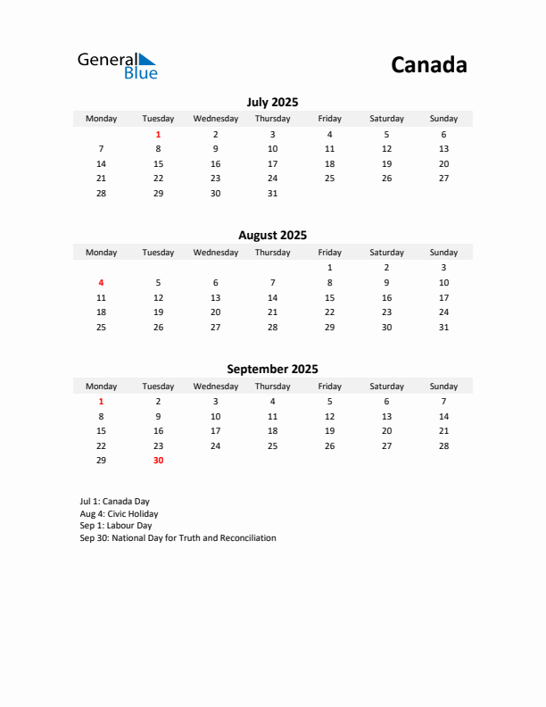 Printable Quarterly Calendar with Notes and Canada Holidays- Q3 of 2025