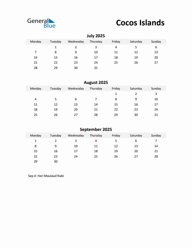 Printable Quarterly Calendar with Notes and Cocos Islands Holidays- Q3 of 2025