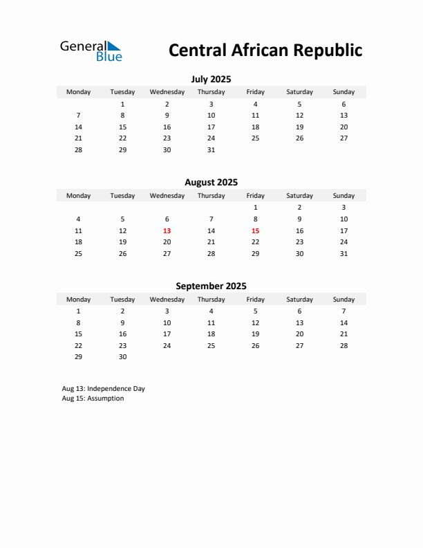 Printable Quarterly Calendar with Notes and Central African Republic Holidays- Q3 of 2025