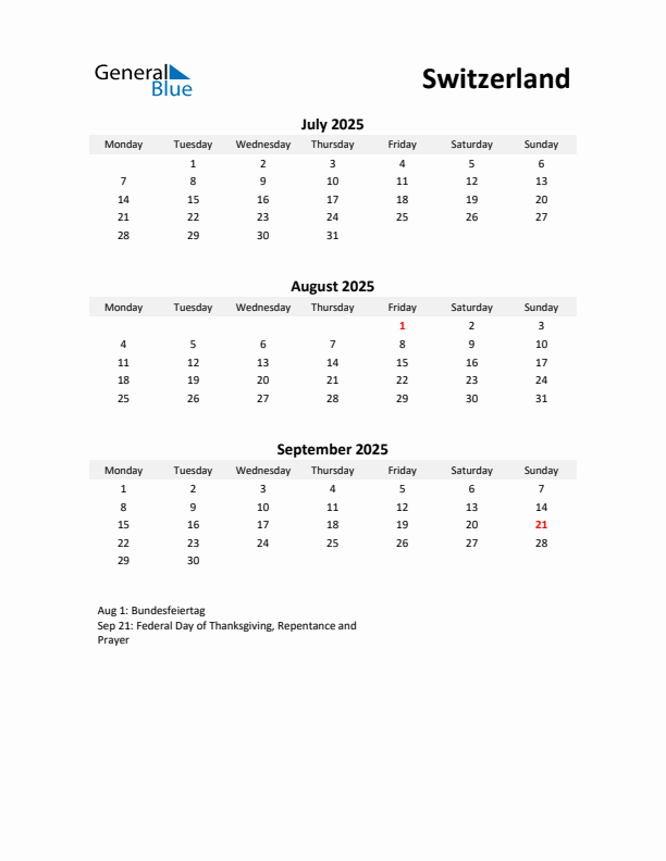 Printable Quarterly Calendar with Notes and Switzerland Holidays- Q3 of 2025