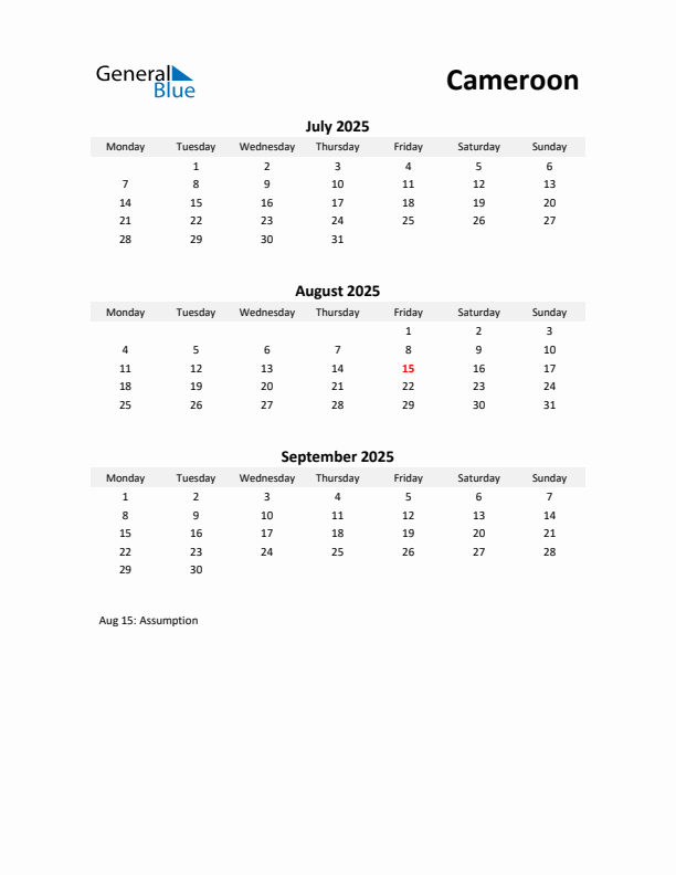 Printable Quarterly Calendar with Notes and Cameroon Holidays- Q3 of 2025