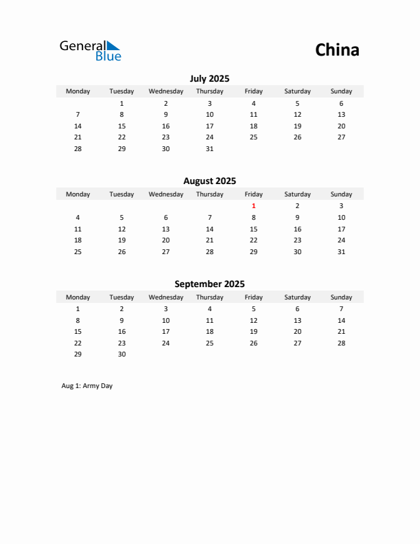 Printable Quarterly Calendar with Notes and China Holidays- Q3 of 2025