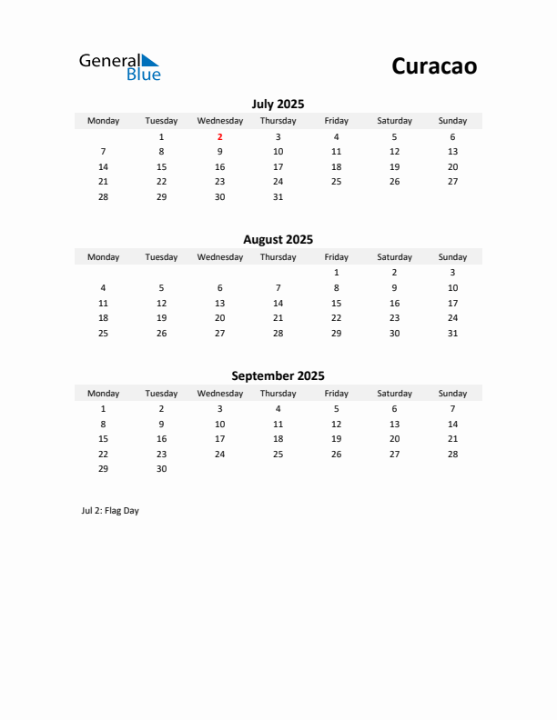 Printable Quarterly Calendar with Notes and Curacao Holidays- Q3 of 2025