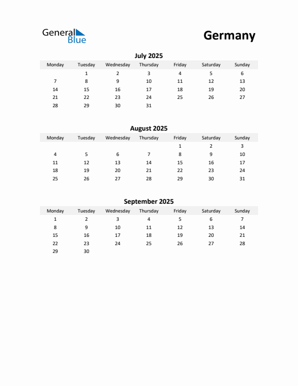 Printable Quarterly Calendar with Notes and Germany Holidays- Q3 of 2025