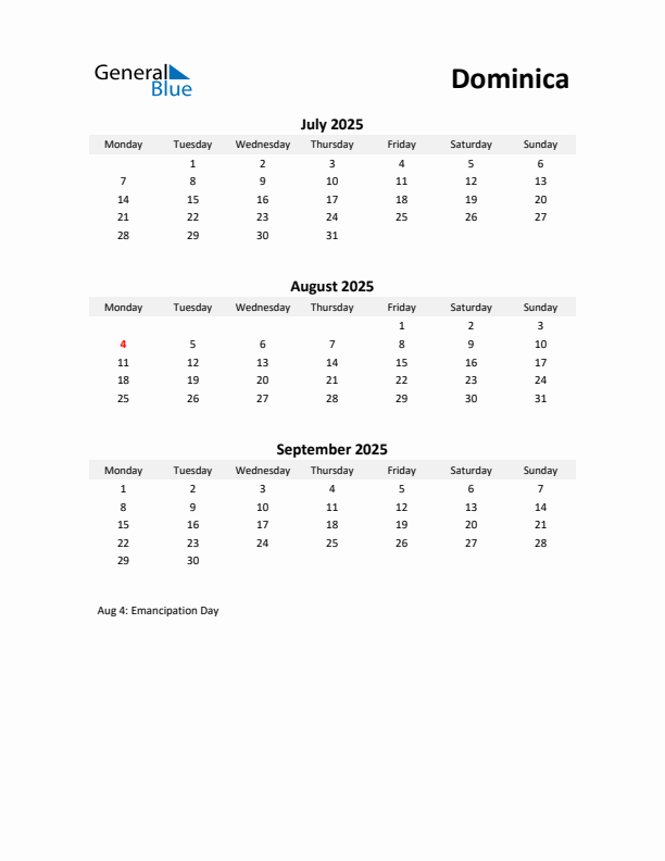 Printable Quarterly Calendar with Notes and Dominica Holidays- Q3 of 2025