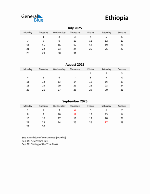 Printable Quarterly Calendar with Notes and Ethiopia Holidays- Q3 of 2025