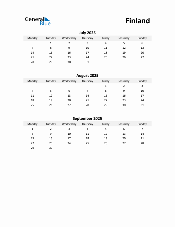 Printable Quarterly Calendar with Notes and Finland Holidays- Q3 of 2025