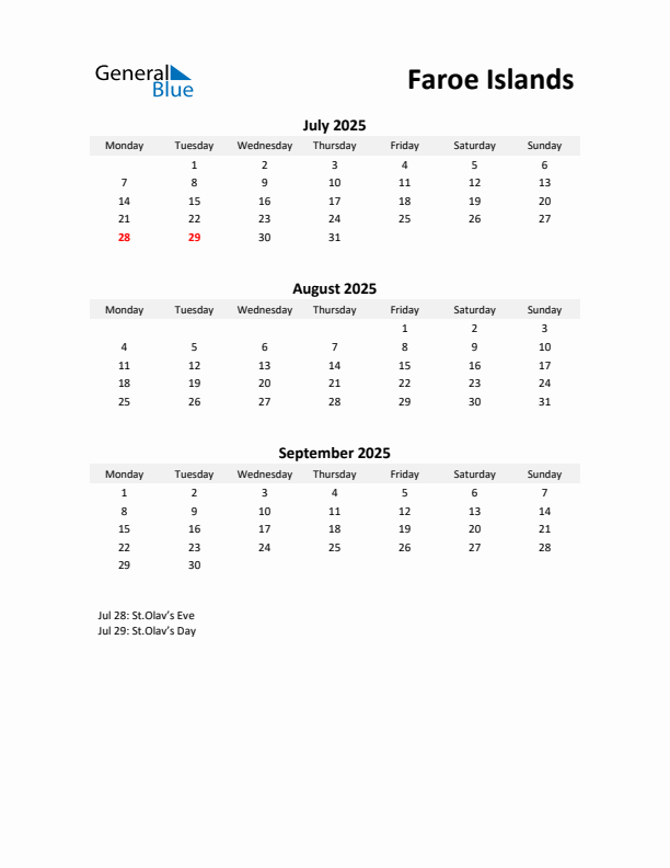 Printable Quarterly Calendar with Notes and Faroe Islands Holidays- Q3 of 2025