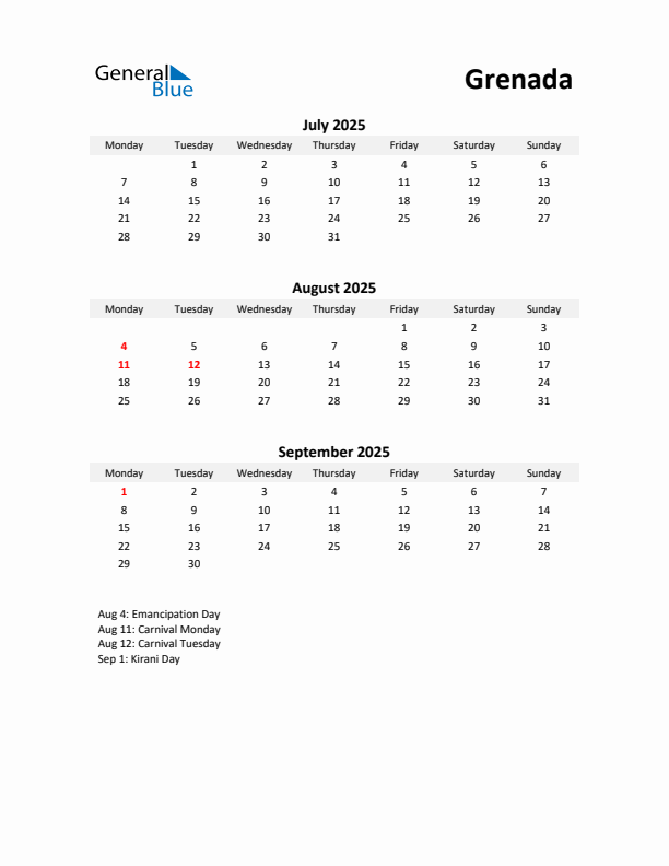 Printable Quarterly Calendar with Notes and Grenada Holidays- Q3 of 2025