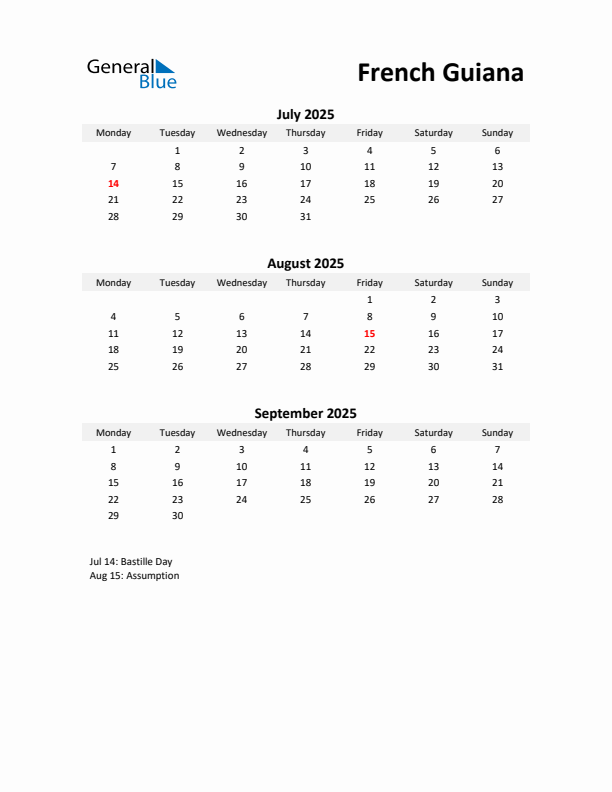 Printable Quarterly Calendar with Notes and French Guiana Holidays- Q3 of 2025