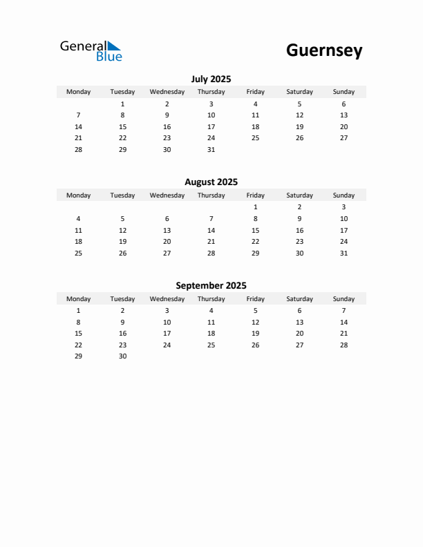 Printable Quarterly Calendar with Notes and Guernsey Holidays- Q3 of 2025