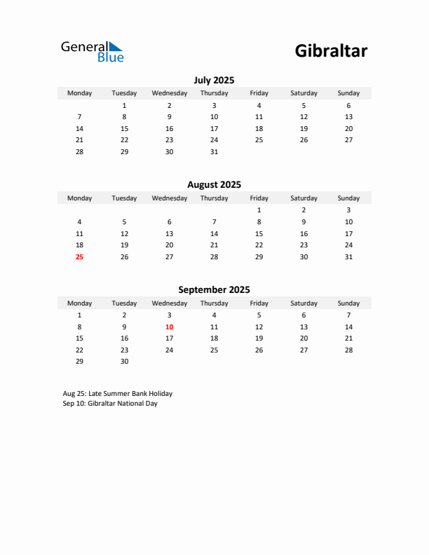 Printable Quarterly Calendar with Notes and Gibraltar Holidays- Q3 of 2025