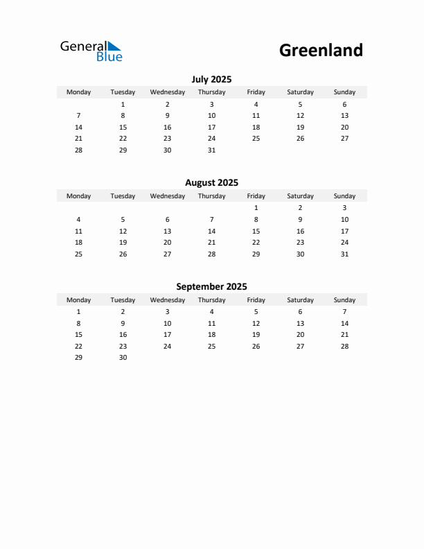 Printable Quarterly Calendar with Notes and Greenland Holidays- Q3 of 2025