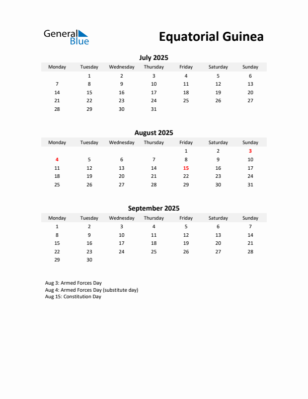 Printable Quarterly Calendar with Notes and Equatorial Guinea Holidays- Q3 of 2025