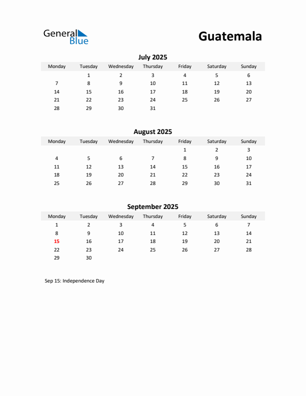 Printable Quarterly Calendar with Notes and Guatemala Holidays- Q3 of 2025