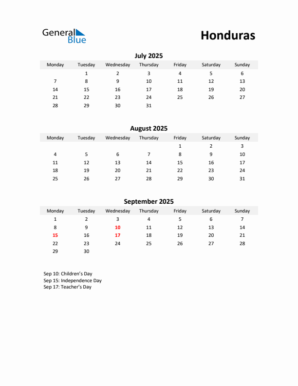 Printable Quarterly Calendar with Notes and Honduras Holidays- Q3 of 2025