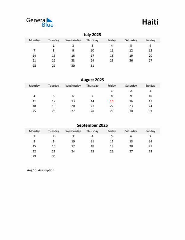 Printable Quarterly Calendar with Notes and Haiti Holidays- Q3 of 2025