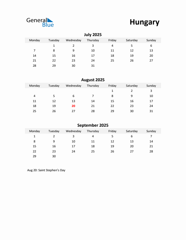 Printable Quarterly Calendar with Notes and Hungary Holidays- Q3 of 2025