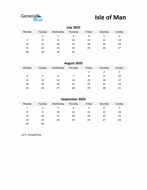 Printable Quarterly Calendar with Notes and Isle of Man Holidays- Q3 of 2025