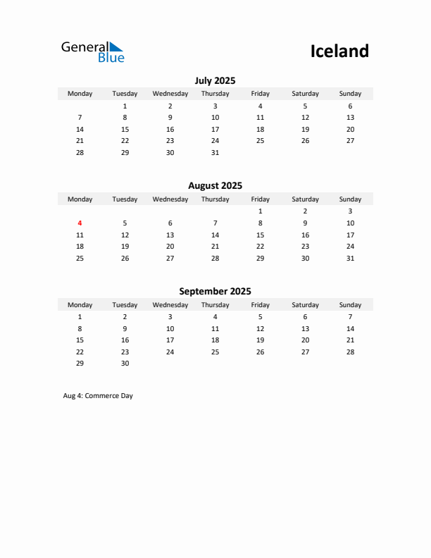 Printable Quarterly Calendar with Notes and Iceland Holidays- Q3 of 2025