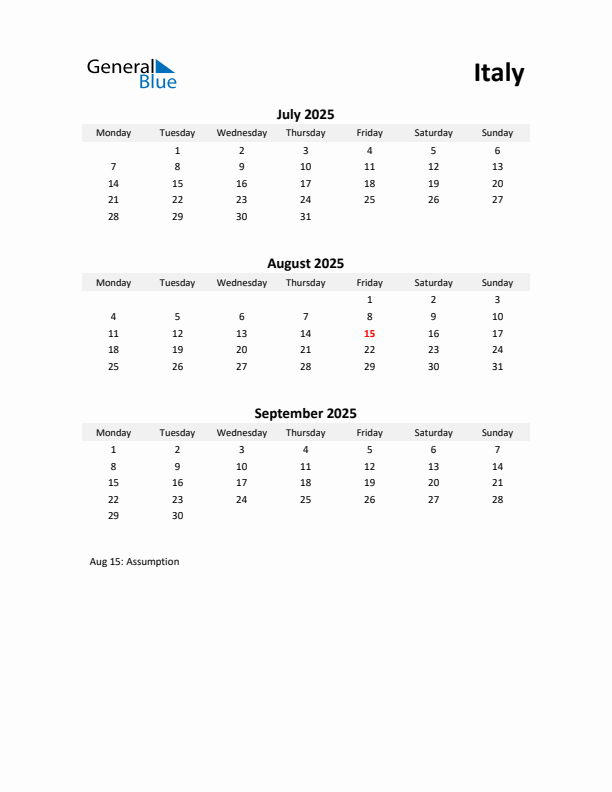 Printable Quarterly Calendar with Notes and Italy Holidays- Q3 of 2025