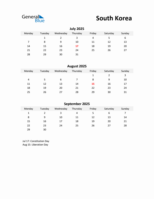 Printable Quarterly Calendar with Notes and South Korea Holidays- Q3 of 2025