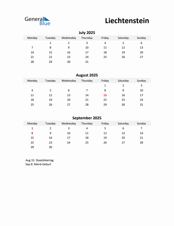 Printable Quarterly Calendar with Notes and Liechtenstein Holidays- Q3 of 2025