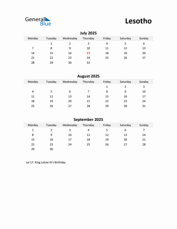 Printable Quarterly Calendar with Notes and Lesotho Holidays- Q3 of 2025