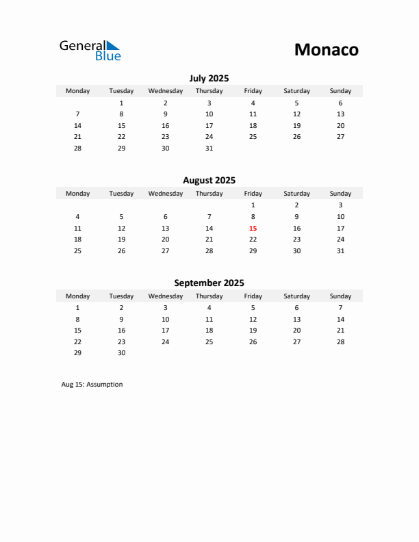 Printable Quarterly Calendar with Notes and Monaco Holidays- Q3 of 2025