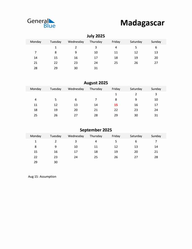 Printable Quarterly Calendar with Notes and Madagascar Holidays- Q3 of 2025