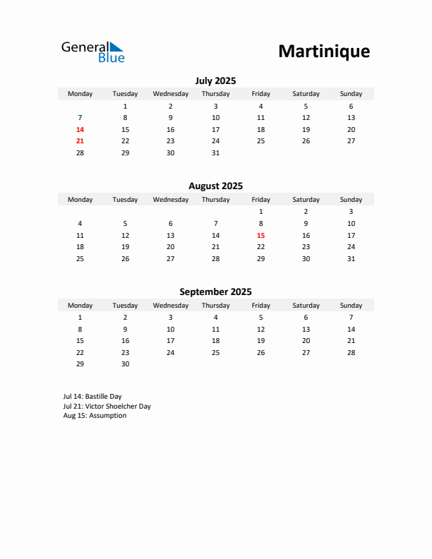 Printable Quarterly Calendar with Notes and Martinique Holidays- Q3 of 2025