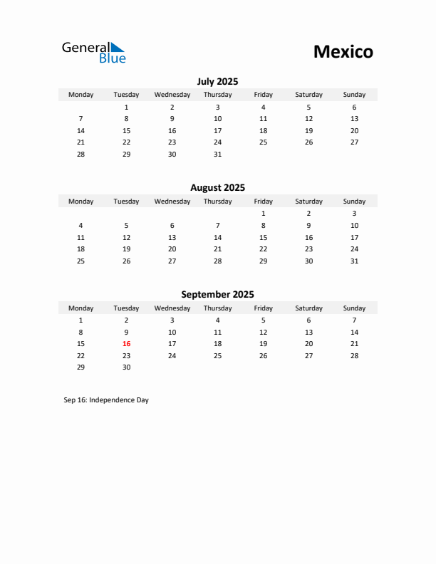 Printable Quarterly Calendar with Notes and Mexico Holidays- Q3 of 2025