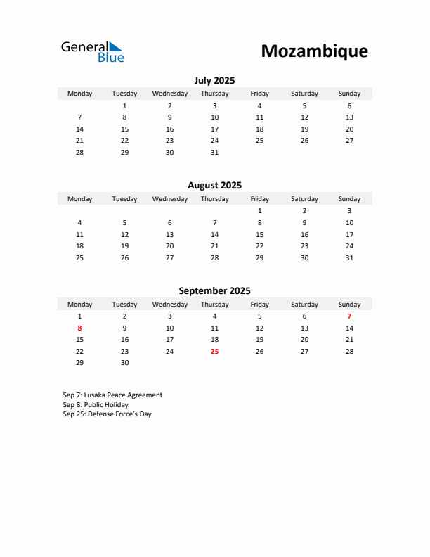 Printable Quarterly Calendar with Notes and Mozambique Holidays- Q3 of 2025