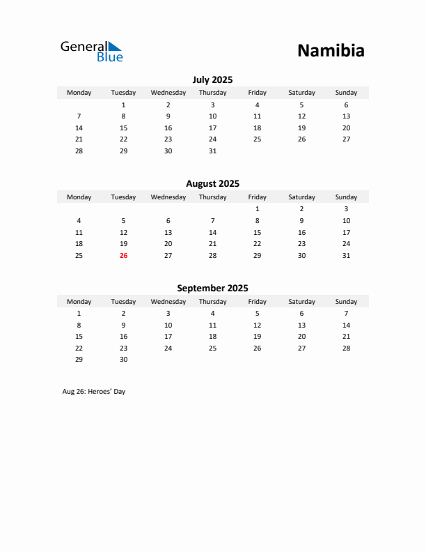 Printable Quarterly Calendar with Notes and Namibia Holidays- Q3 of 2025