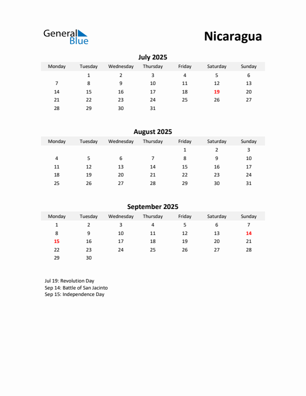 Printable Quarterly Calendar with Notes and Nicaragua Holidays- Q3 of 2025