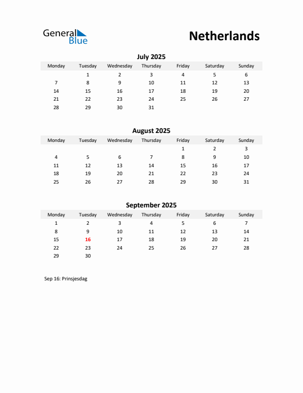 Printable Quarterly Calendar with Notes and The Netherlands Holidays- Q3 of 2025