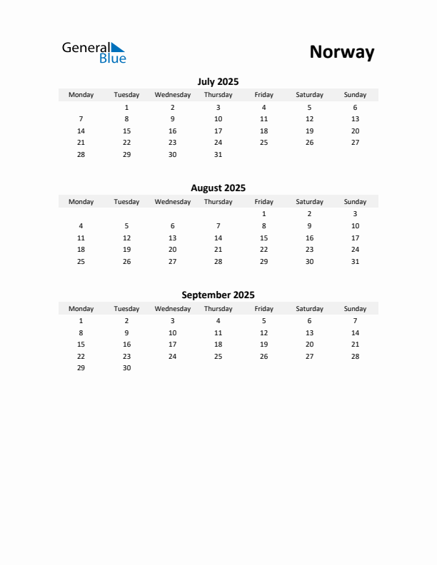 Printable Quarterly Calendar with Notes and Norway Holidays- Q3 of 2025