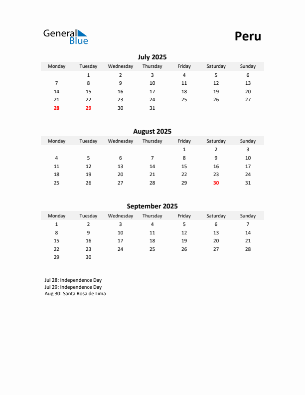 Printable Quarterly Calendar with Notes and Peru Holidays- Q3 of 2025