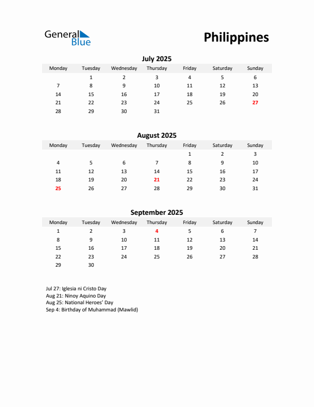 Printable Quarterly Calendar with Notes and Philippines Holidays- Q3 of 2025