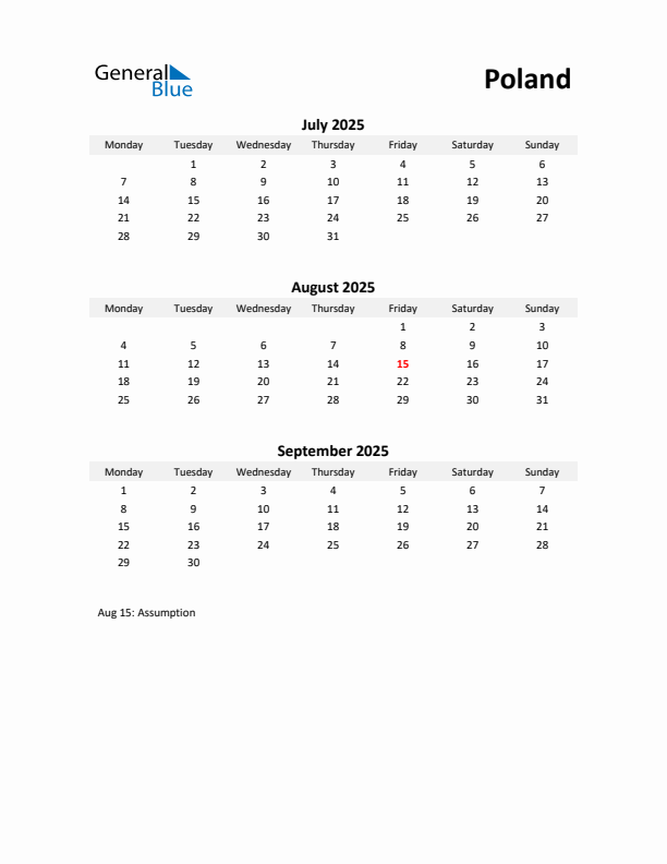 Printable Quarterly Calendar with Notes and Poland Holidays- Q3 of 2025