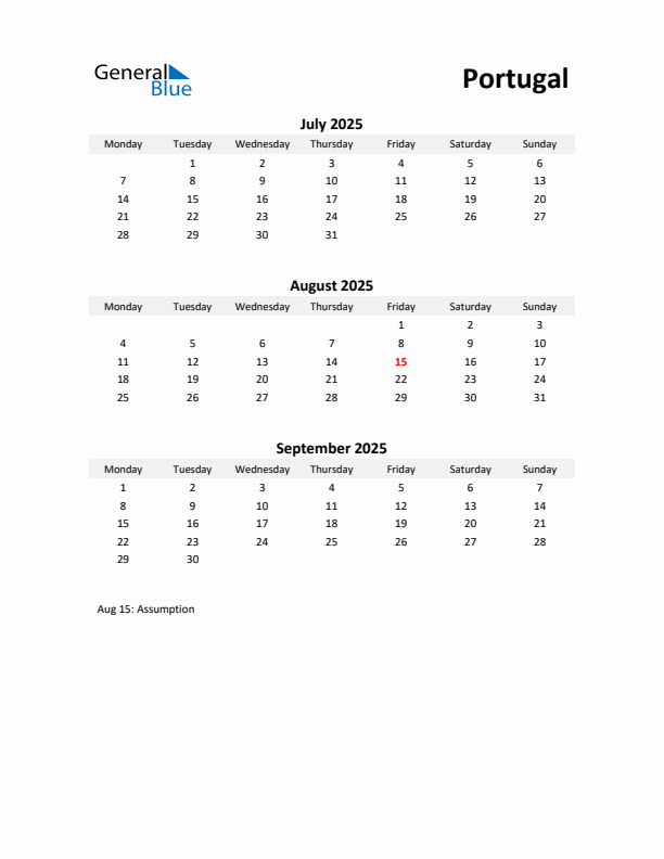 Printable Quarterly Calendar with Notes and Portugal Holidays- Q3 of 2025