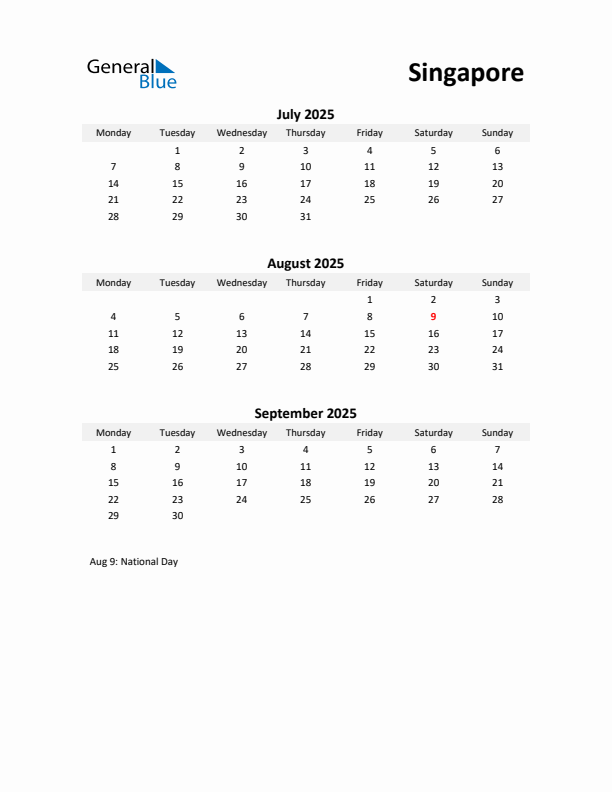 Printable Quarterly Calendar with Notes and Singapore Holidays- Q3 of 2025