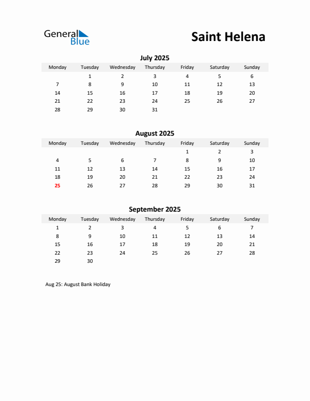 Printable Quarterly Calendar with Notes and Saint Helena Holidays- Q3 of 2025