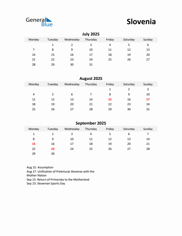 Printable Quarterly Calendar with Notes and Slovenia Holidays- Q3 of 2025