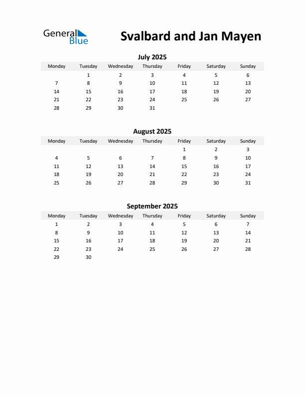 Printable Quarterly Calendar with Notes and Svalbard and Jan Mayen Holidays- Q3 of 2025