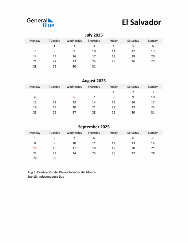 Printable Quarterly Calendar with Notes and El Salvador Holidays- Q3 of 2025