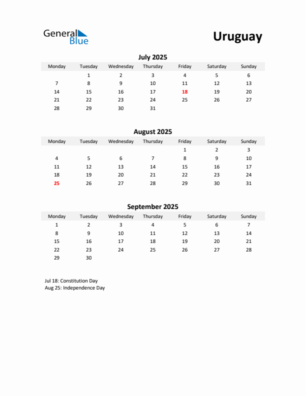 Printable Quarterly Calendar with Notes and Uruguay Holidays- Q3 of 2025